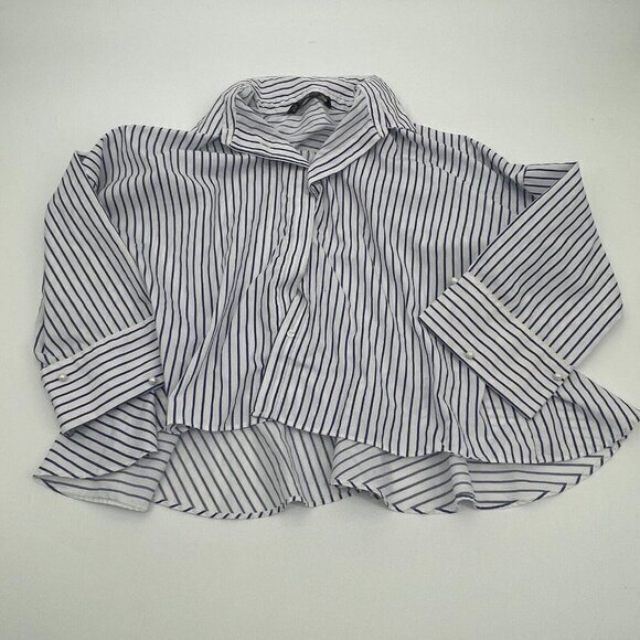 Zara Womens Shirt XS Blue White Striped Pearl Button Front Peplum Casual Collar - Picture 1 of 13
